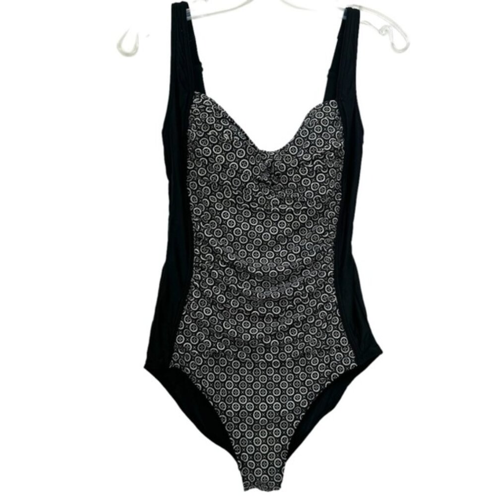 Simons One Piece Swimsuit Ruched Flattering Print Adjustable Straps Padded Large